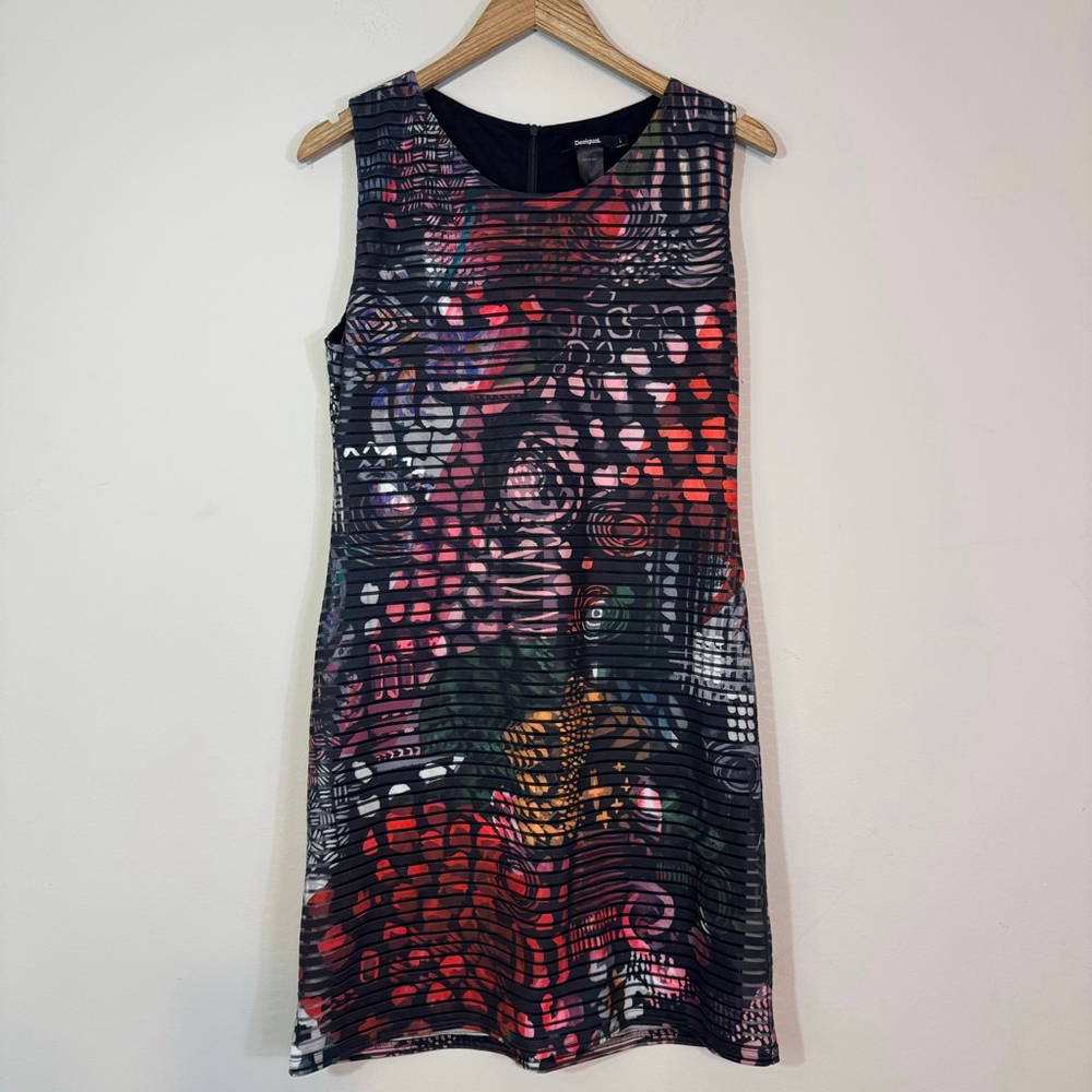 DESIGUAL Casey Dress Textured Abstract Art Sleeveless Dress Black Multi Size L
